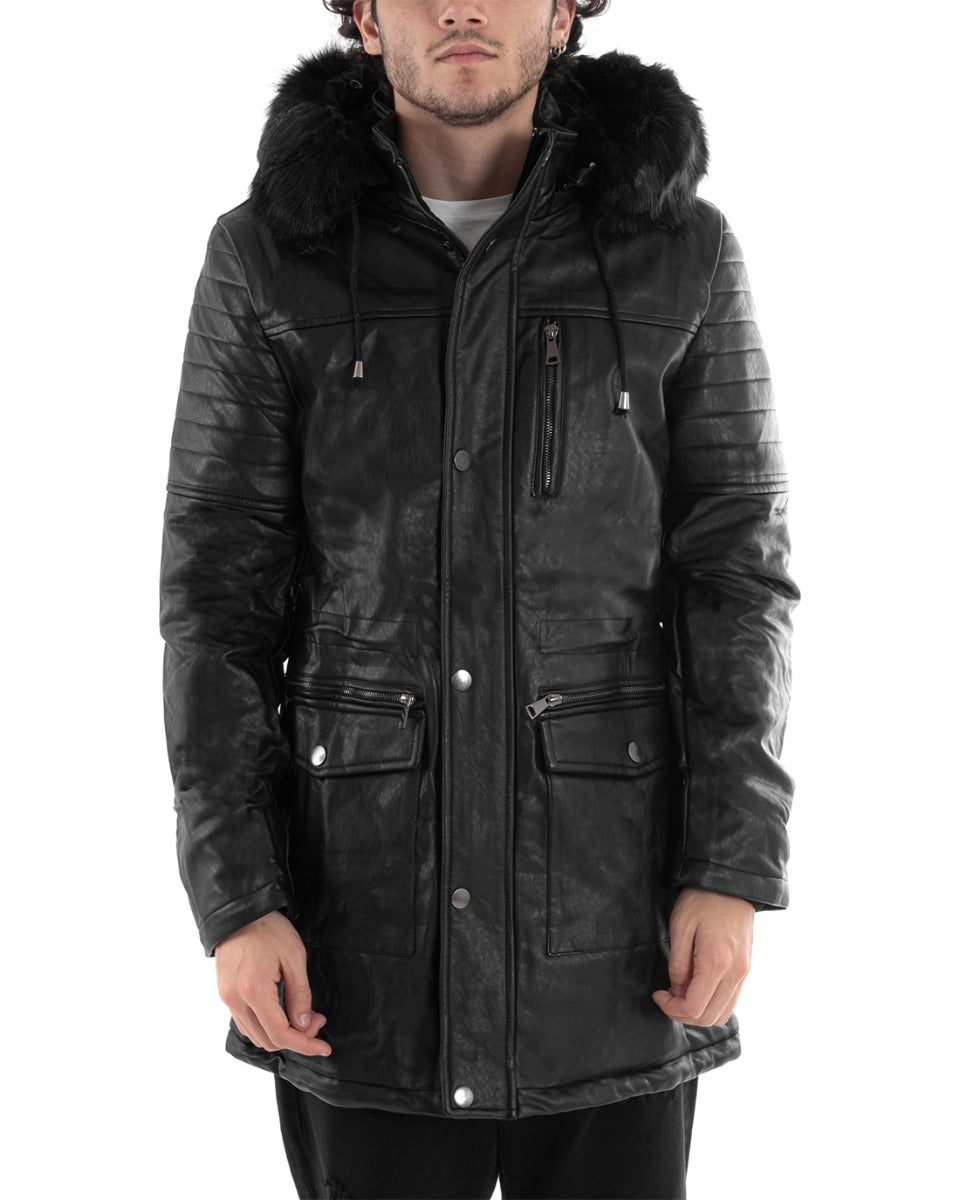 Giubbotto Uomo Parka Lungo Ecopelle Nero Pelliccia GIOSAL-G2995A