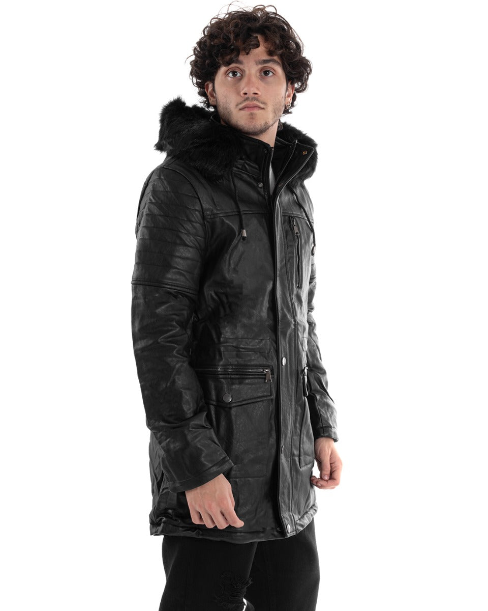 Giubbotto Uomo Parka Lungo Ecopelle Nero Pelliccia GIOSAL-G2995A