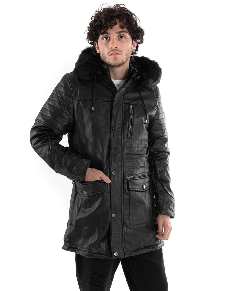 Giubbotto Uomo Parka Lungo Ecopelle Nero Pelliccia GIOSAL-G2995A