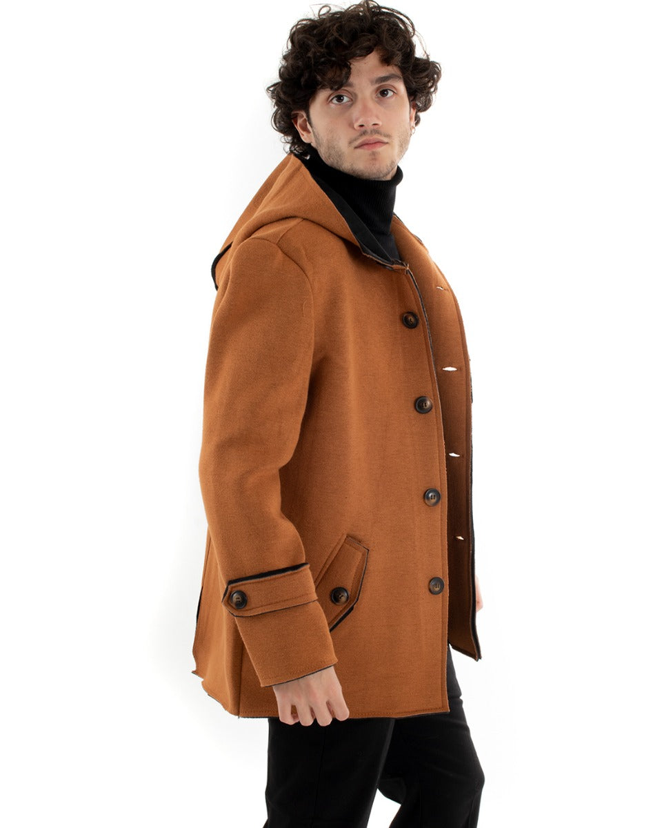 Cappotto Monopetto Uomo Giacca Giaccone Con Cappuccio Camel Giubbotto Elegante GIOSAL-G3011A