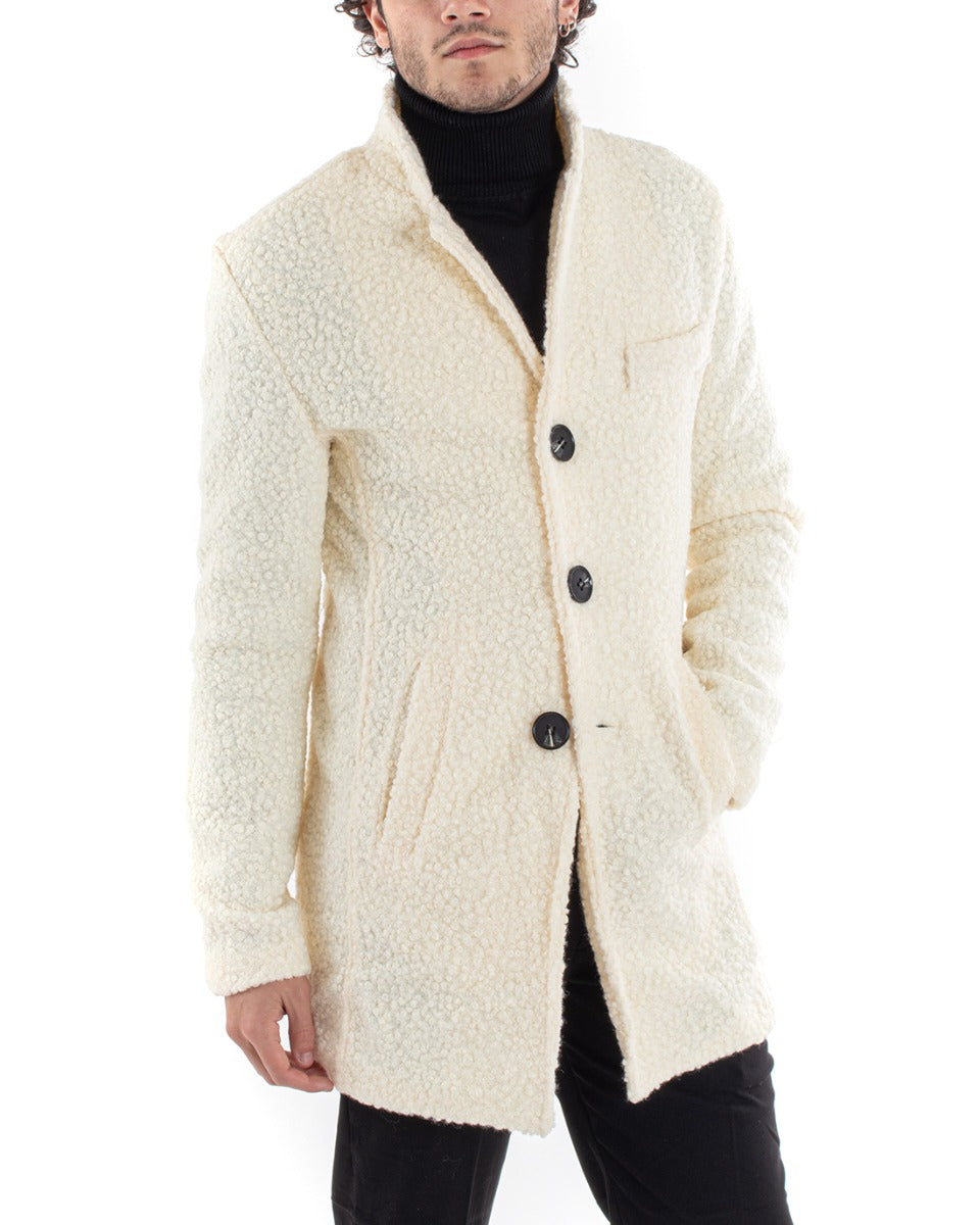Cappotto Monopetto Uomo Giaccone Collo Coreano Pelliccia Teddy Panna Baronetto Elegante GIOSAL-G3013A