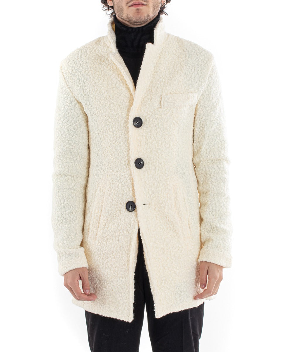 Cappotto Monopetto Uomo Giaccone Collo Coreano Pelliccia Teddy Panna Baronetto Elegante GIOSAL-G3013A