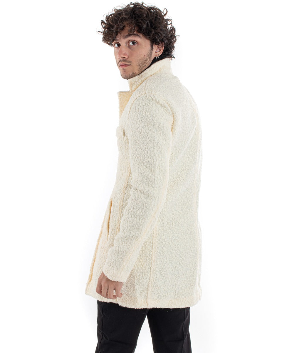 Cappotto Monopetto Uomo Giaccone Collo Coreano Pelliccia Teddy Panna Baronetto Elegante GIOSAL-G3013A