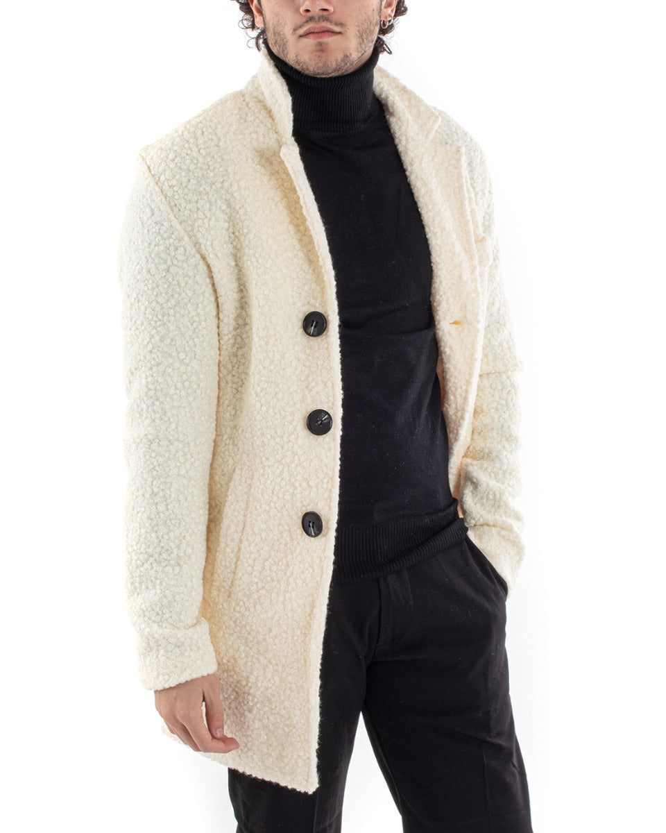 Cappotto Monopetto Uomo Giaccone Collo Coreano Pelliccia Teddy Panna Baronetto Elegante GIOSAL-G3013A