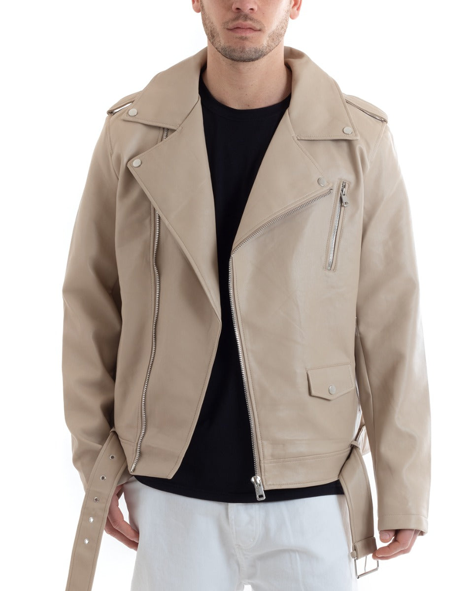 Giubbotto Uomo Biker Chiodo Ecopelle Beige Casual GIOSAL-G3023A