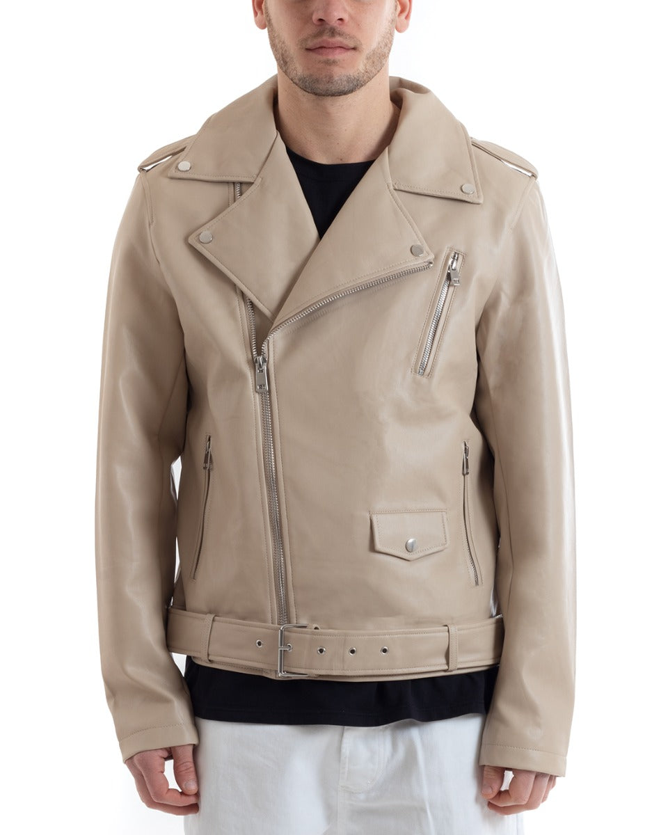 Giubbotto Uomo Biker Chiodo Ecopelle Beige Casual GIOSAL-G3023A