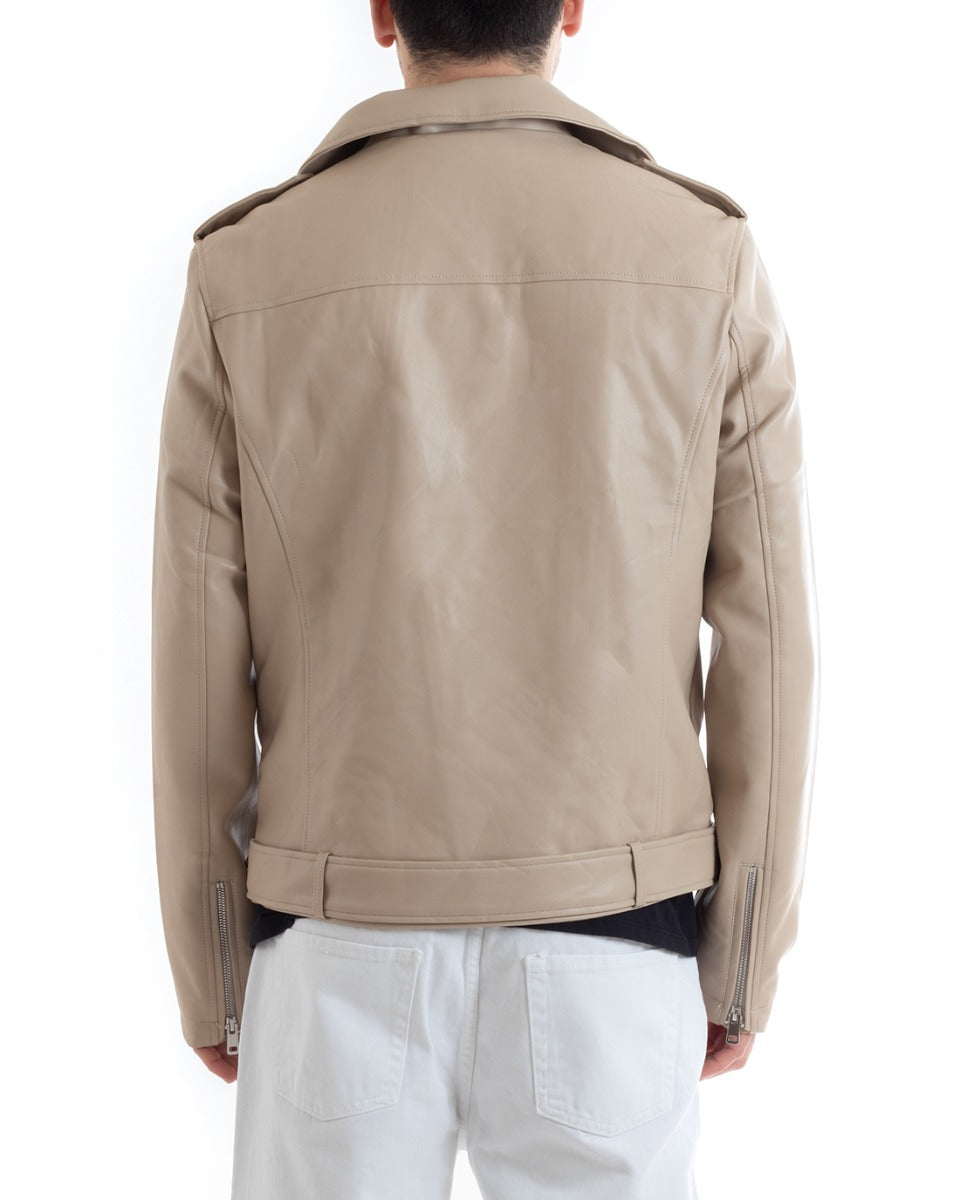 Giubbotto Uomo Biker Chiodo Ecopelle Beige Casual GIOSAL-G3023A