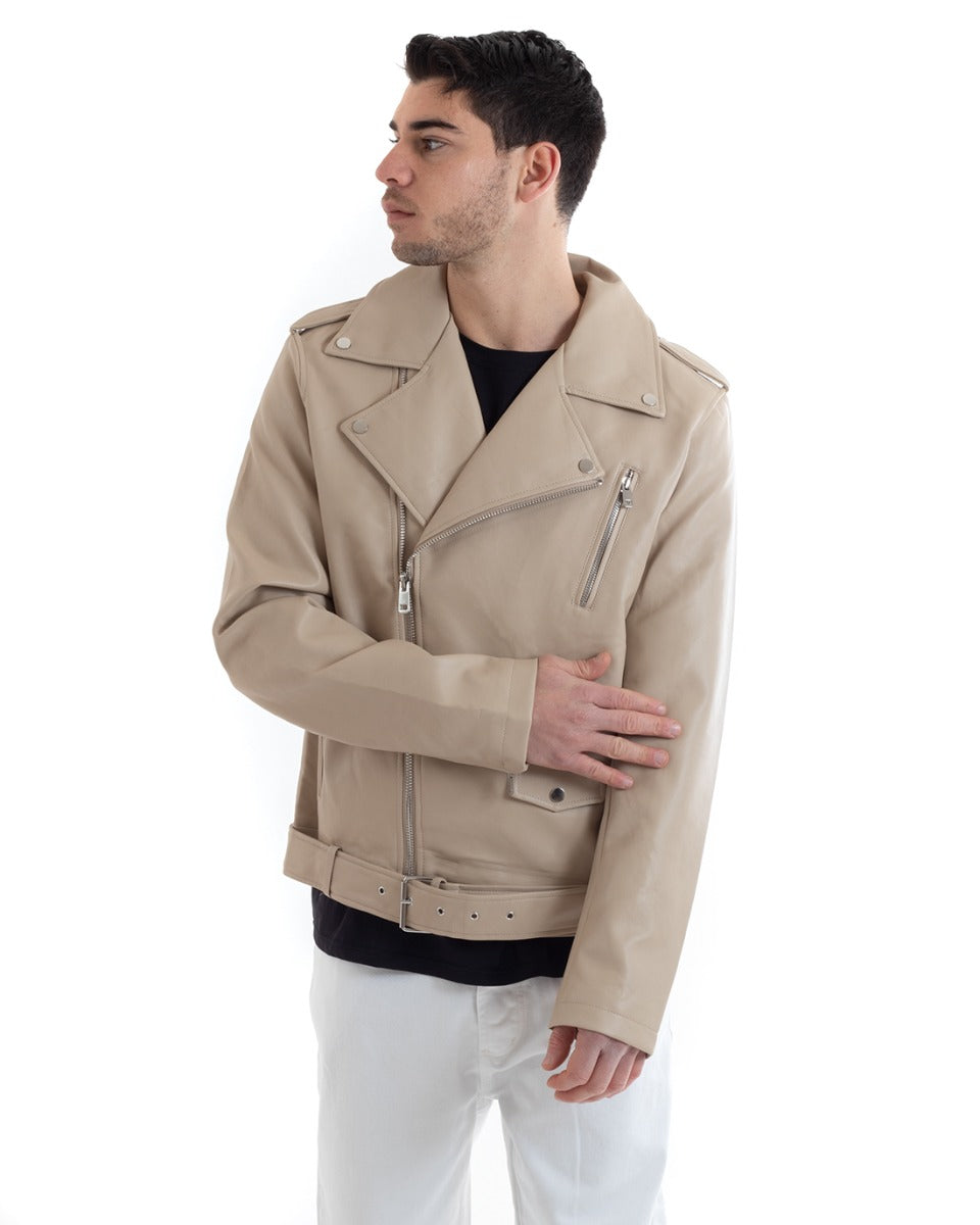 Giubbotto Uomo Biker Chiodo Ecopelle Beige Casual GIOSAL-G3023A