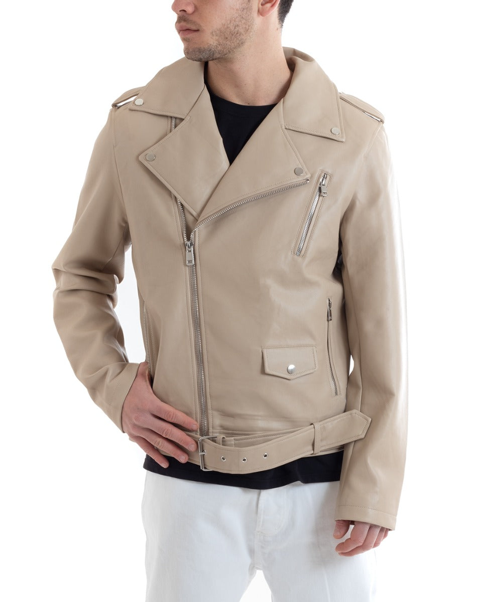 Giubbotto Uomo Biker Chiodo Ecopelle Beige Casual GIOSAL-G3023A