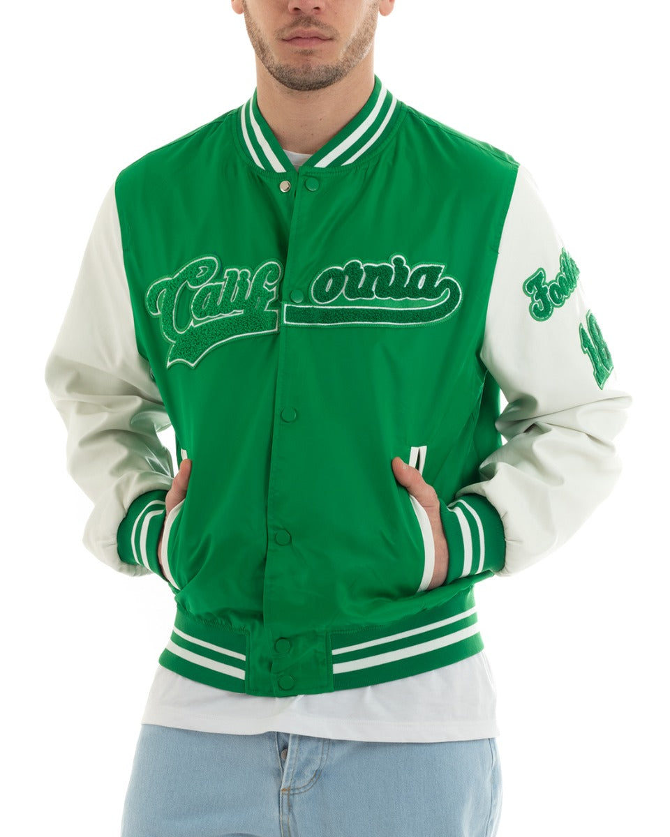 Giubbotto Uomo College Varsity Con Patch Tessuto Tecnico Ecopelle Verde Bianco GIOSAL-G3031A