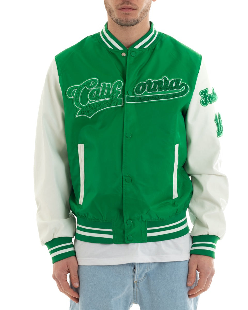 Giubbotto Uomo College Varsity Con Patch Tessuto Tecnico Ecopelle Verde Bianco GIOSAL-G3031A