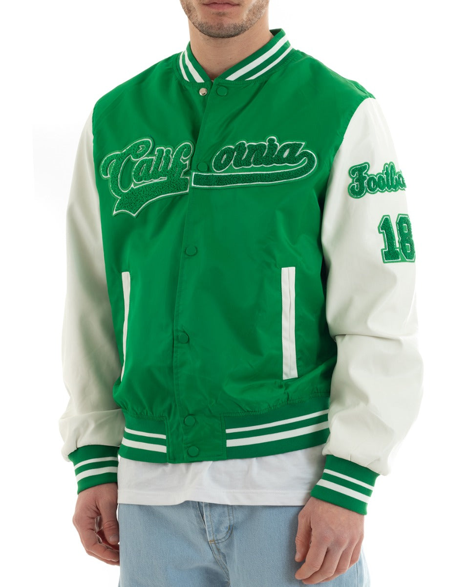 Giubbotto Uomo College Varsity Con Patch Tessuto Tecnico Ecopelle Verde Bianco GIOSAL-G3031A