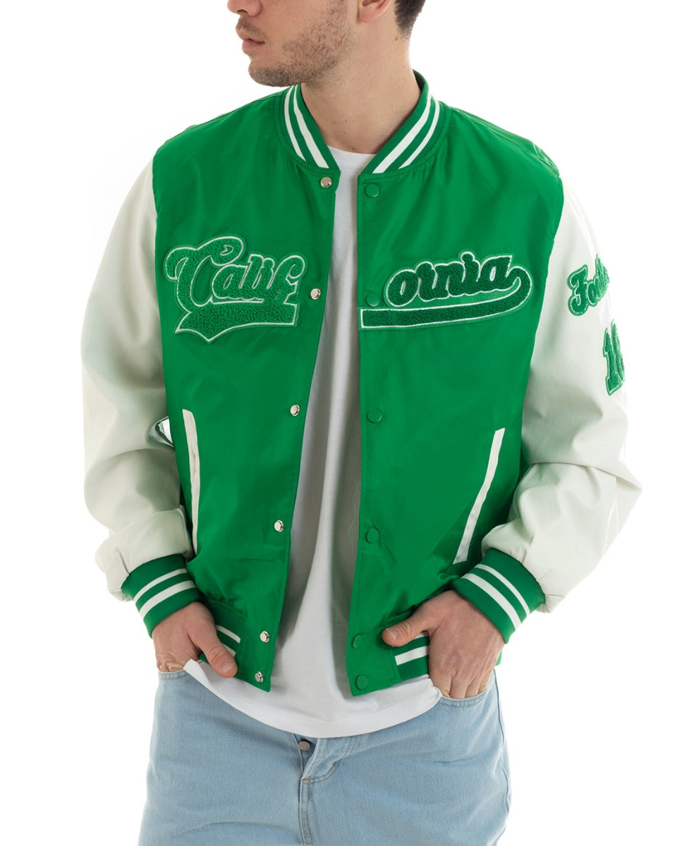 Giubbotto Uomo College Varsity Con Patch Tessuto Tecnico Ecopelle Verde Bianco GIOSAL-G3031A
