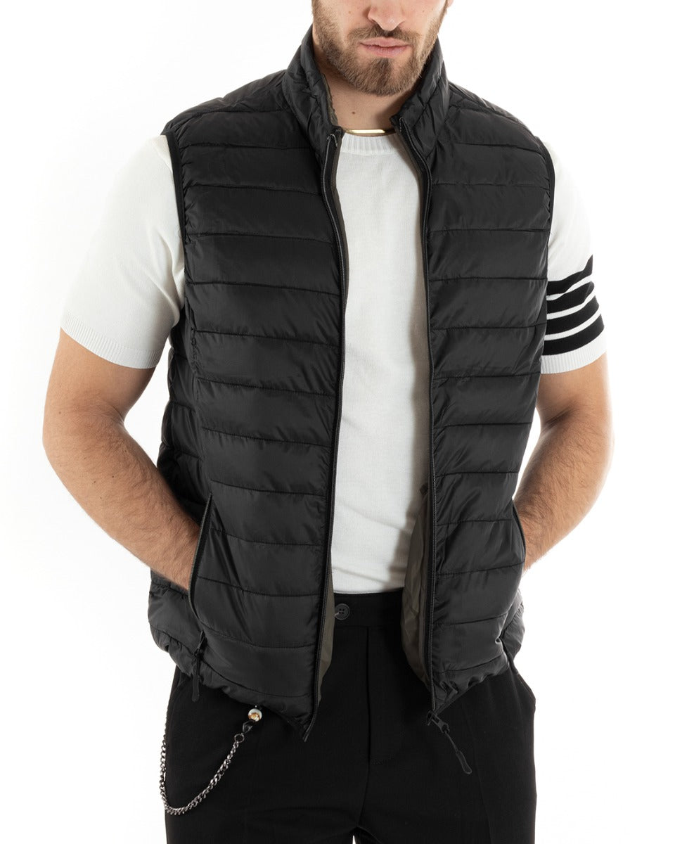 Gilet Uomo Giubbotto Giromanica Piumino Tinta Unita Nero Casual Basic GIOSAL-G3034A