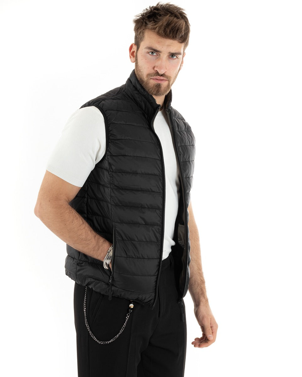 Gilet Uomo Giubbotto Giromanica Piumino Tinta Unita Nero Casual Basic GIOSAL-G3034A