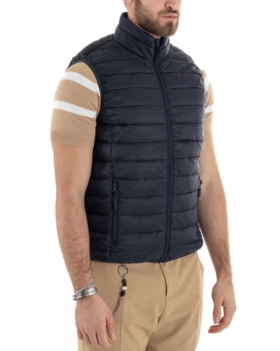 Gilet Uomo Giubbotto Giromanica Piumino Tinta Unita Blu Casual Basic GIOSAL-G3036A