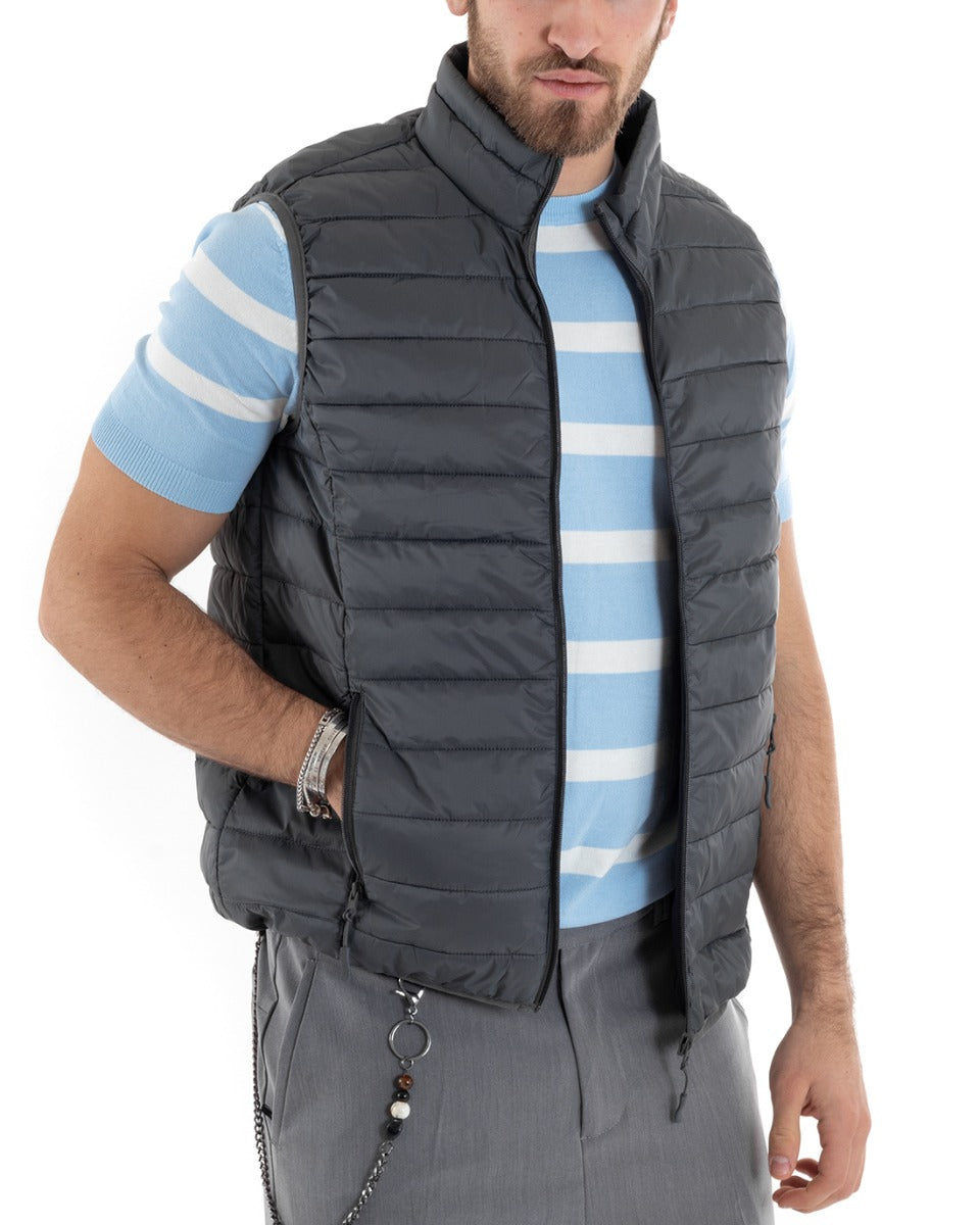 Gilet Uomo Giubbotto Giromanica Piumino Tinta Unita Grigio Casual Basic GIOSAL-G3037A