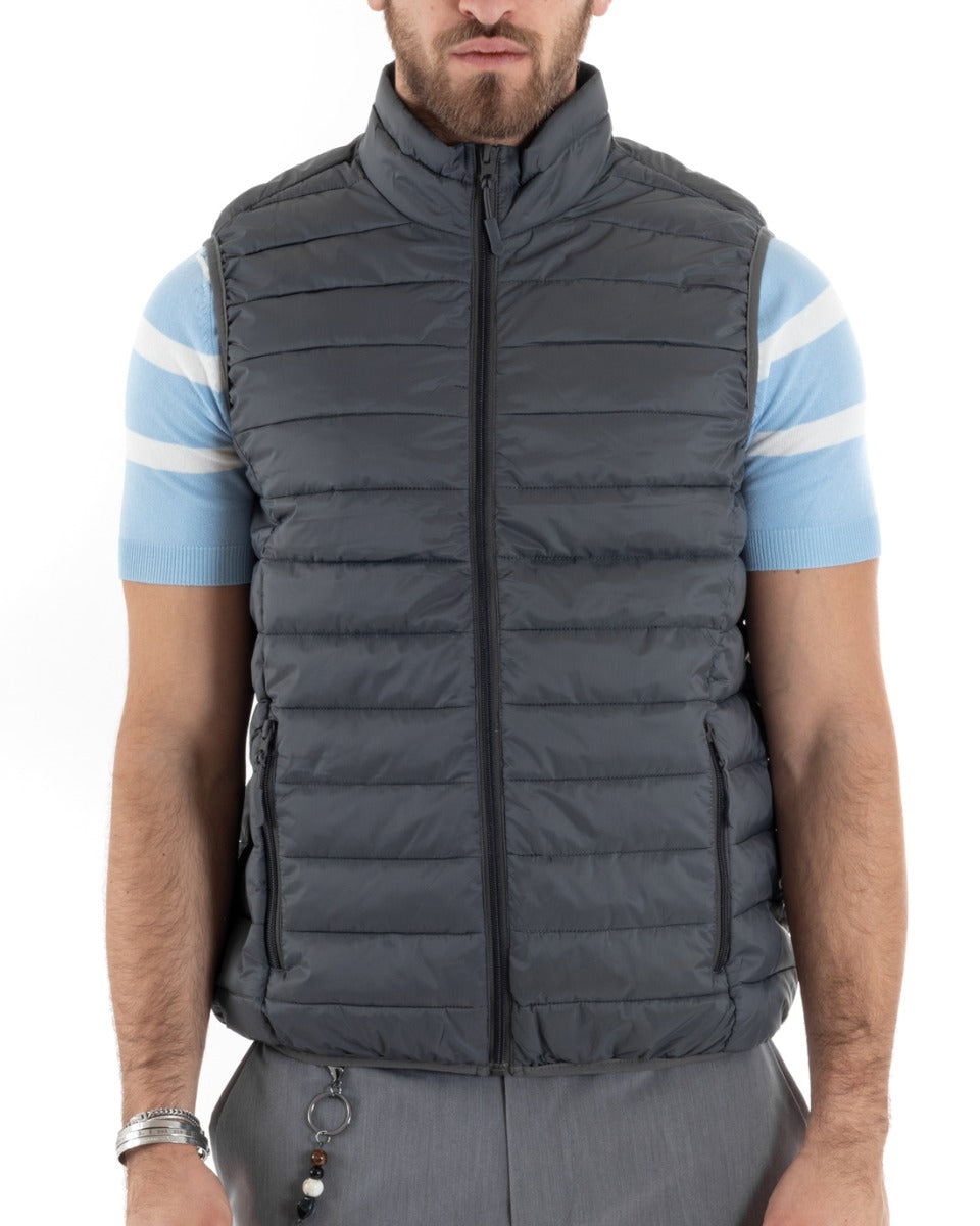 Gilet Uomo Giubbotto Giromanica Piumino Tinta Unita Grigio Casual Basic GIOSAL-G3037A