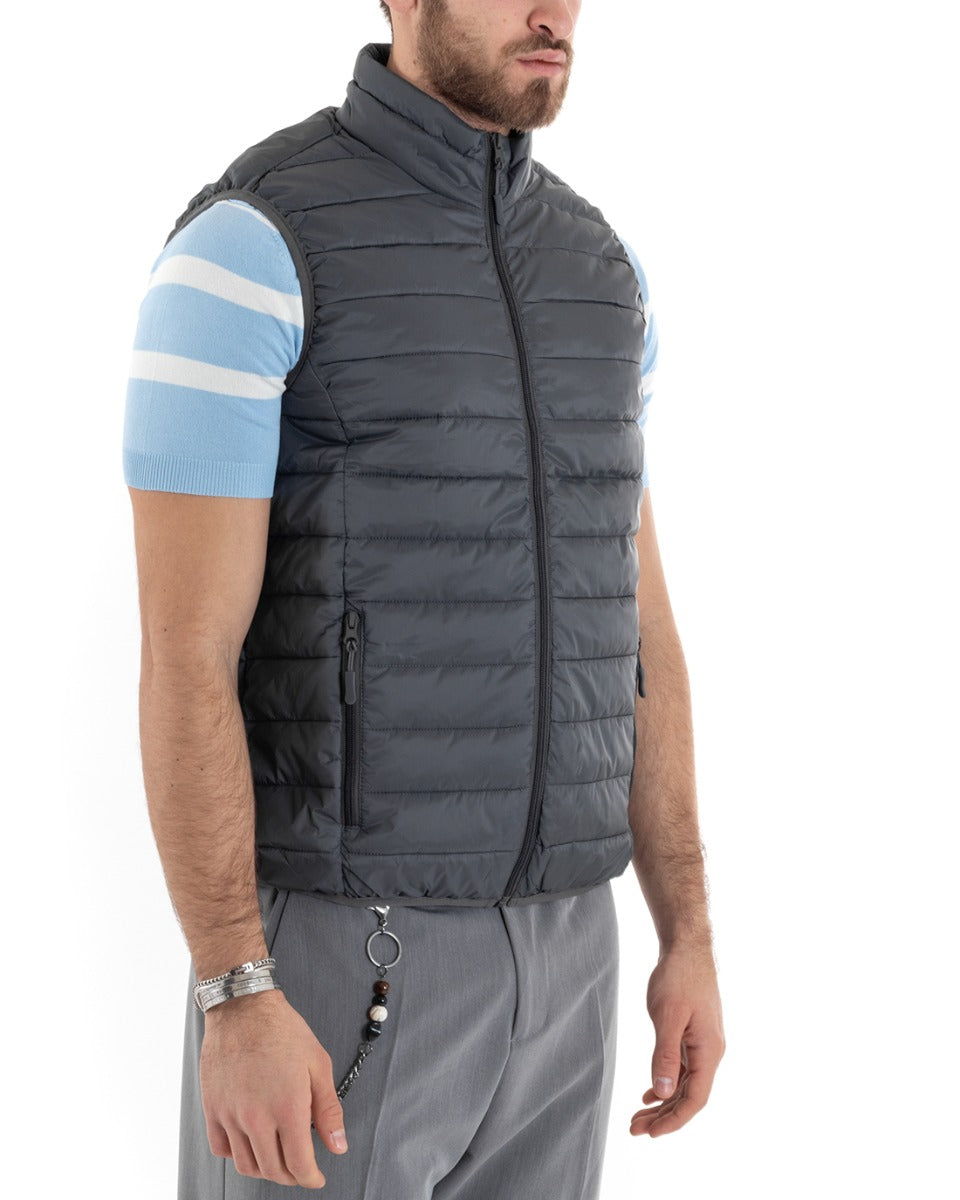 Gilet Uomo Giubbotto Giromanica Piumino Tinta Unita Grigio Casual Basic GIOSAL-G3037A