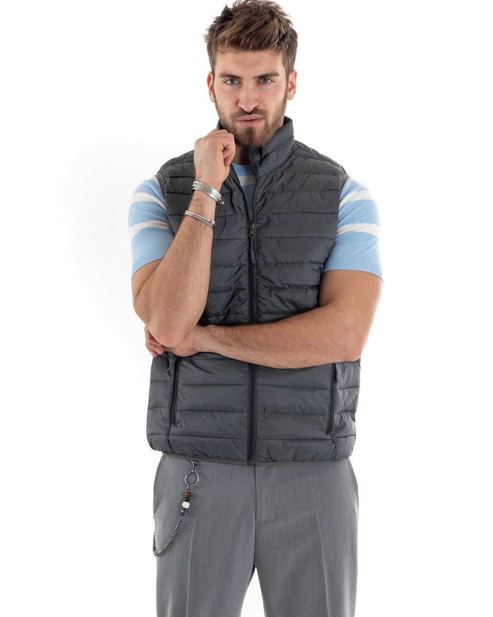 Gilet Uomo Giubbotto Giromanica Piumino Tinta Unita Grigio Casual Basic GIOSAL-G3037A
