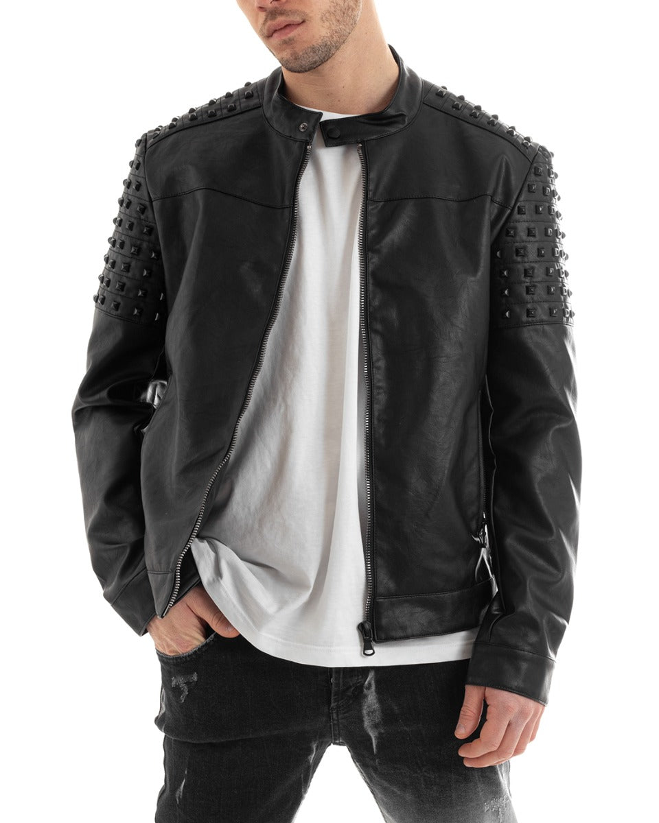 Giubbotto Uomo Biker Ecopelle Borchie Colletto Tinta Unita Nero GIOSAL-G3039A