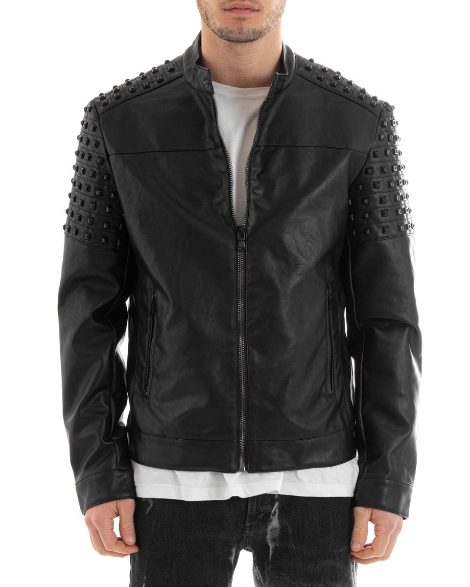 Giubbotto Uomo Biker Ecopelle Borchie Colletto Tinta Unita Nero GIOSAL-G3039A