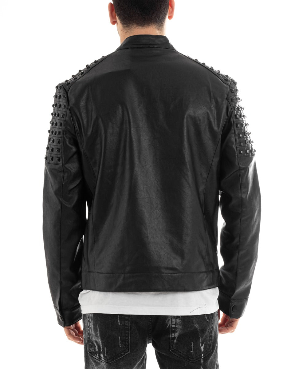 Giubbotto Uomo Biker Ecopelle Borchie Colletto Tinta Unita Nero GIOSAL-G3039A
