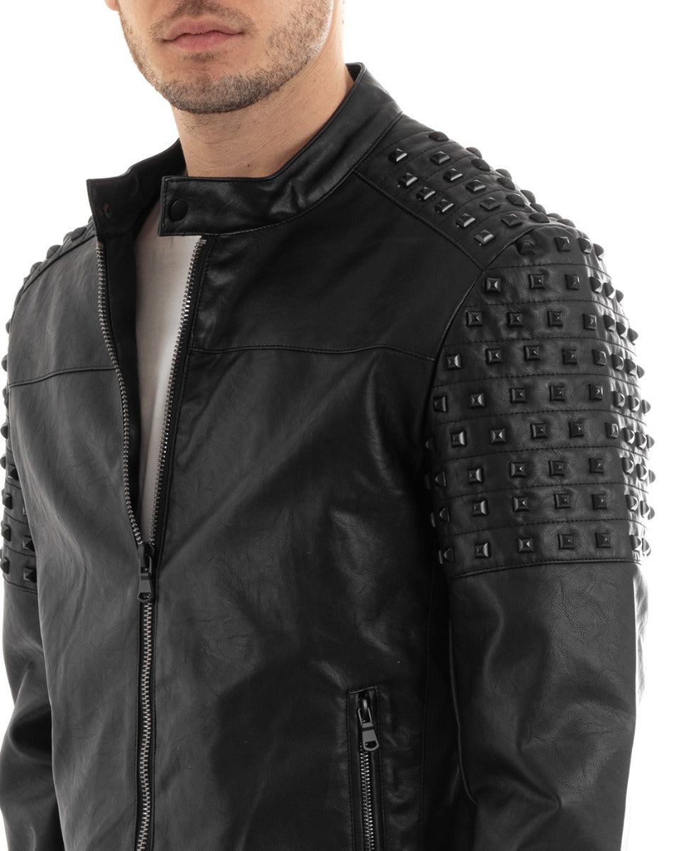 Giubbotto Uomo Biker Ecopelle Borchie Colletto Tinta Unita Nero GIOSAL-G3039A