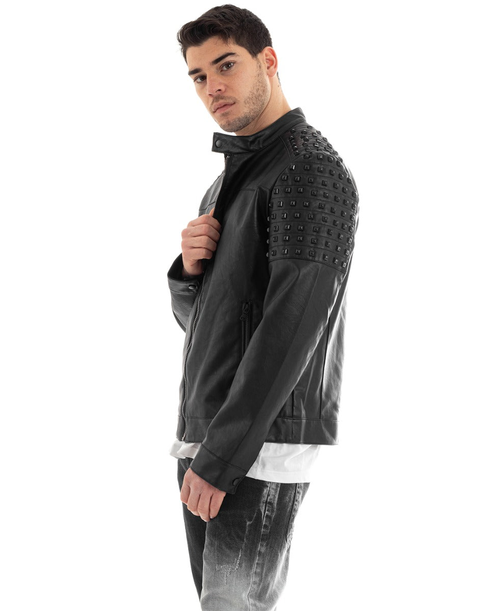Giubbotto Uomo Biker Ecopelle Borchie Colletto Tinta Unita Nero GIOSAL-G3039A