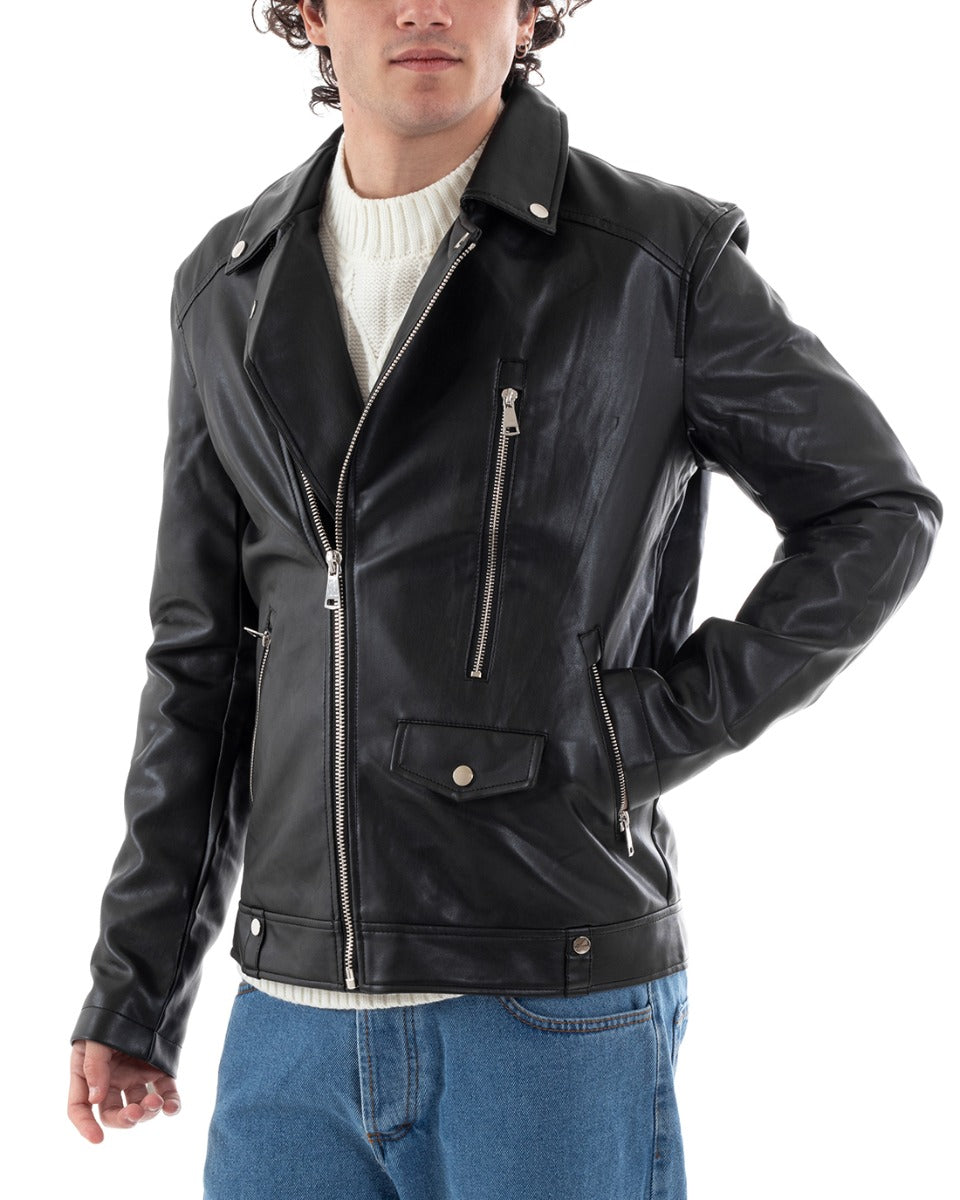 Giubbotto Uomo Chiodo Biker Ecopelle Colletto Tinta Unita Nero GIOSAL-