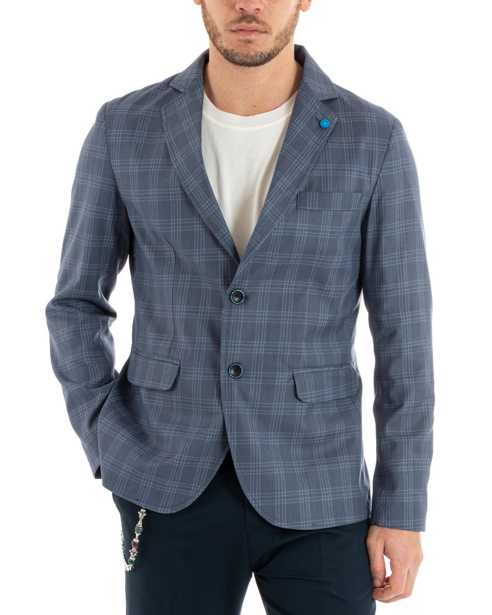 Giacca Uomo Monopetto Quadri Blu Cerimonia Elegante Casual GIOSAL-G3046A