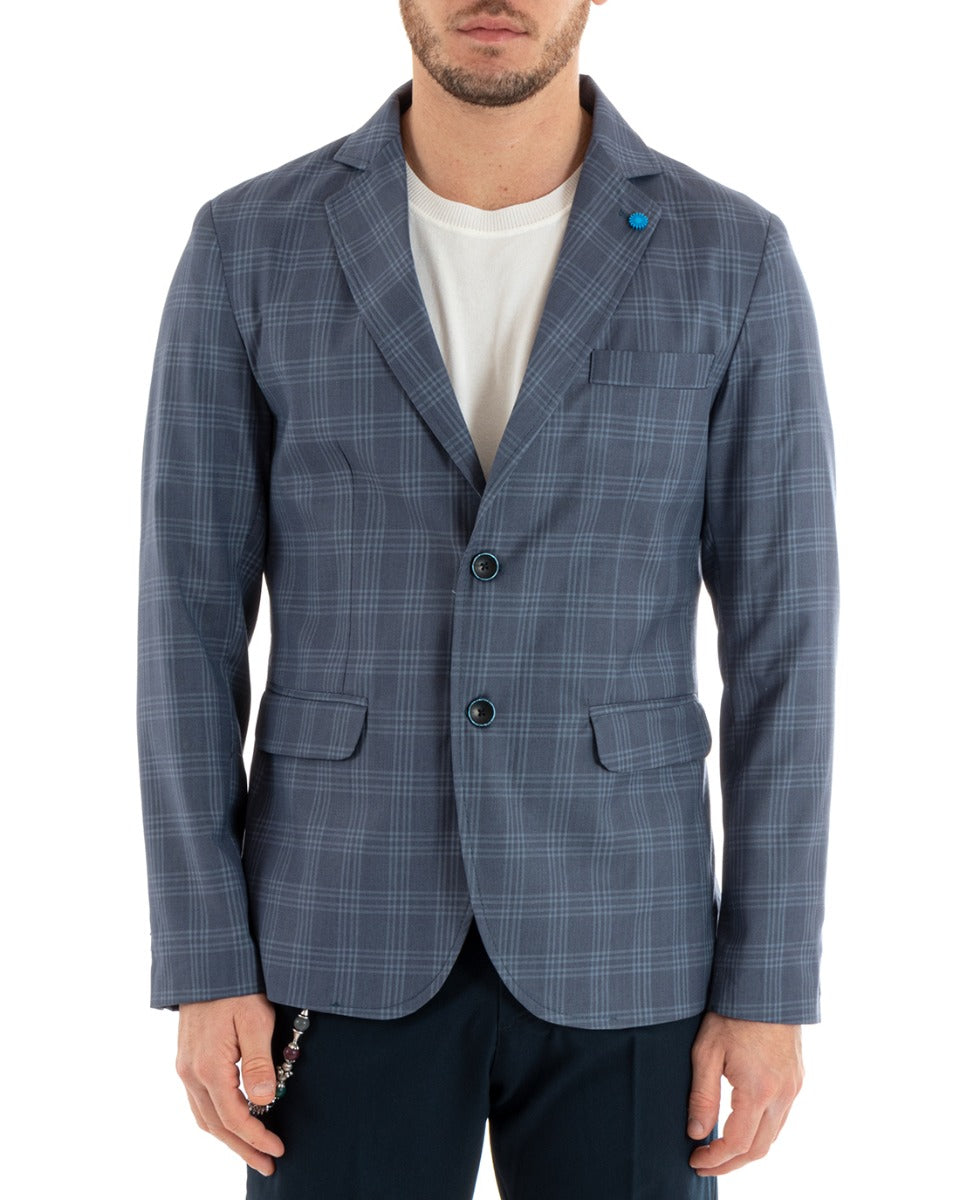 Giacca Uomo Monopetto Quadri Blu Cerimonia Elegante Casual GIOSAL-G3046A
