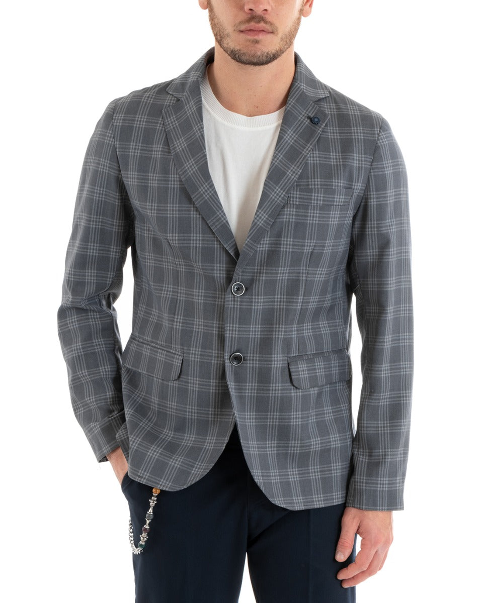 Giacca Uomo Lino Monopetto Quadri Grigio Cerimonia Elegante Casual GIOSAL-G3047A