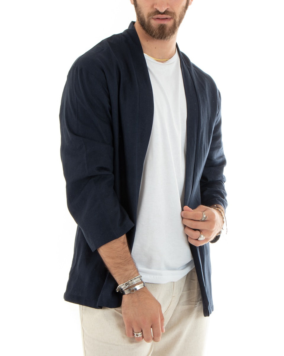 Cardigan Maglia Giacca Uomo Kimono Lino Tinta Unita Blu Leggero Casual GIOSAL-G3052A