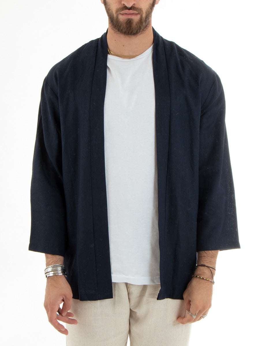 Cardigan Maglia Giacca Uomo Kimono Lino Tinta Unita Blu Leggero Casual GIOSAL-G3052A