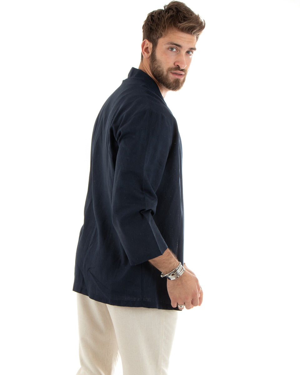 Cardigan Maglia Giacca Uomo Kimono Lino Tinta Unita Blu Leggero Casual GIOSAL-G3052A