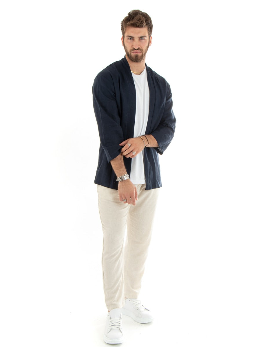 Cardigan Maglia Giacca Uomo Kimono Lino Tinta Unita Blu Leggero Casual GIOSAL-G3052A