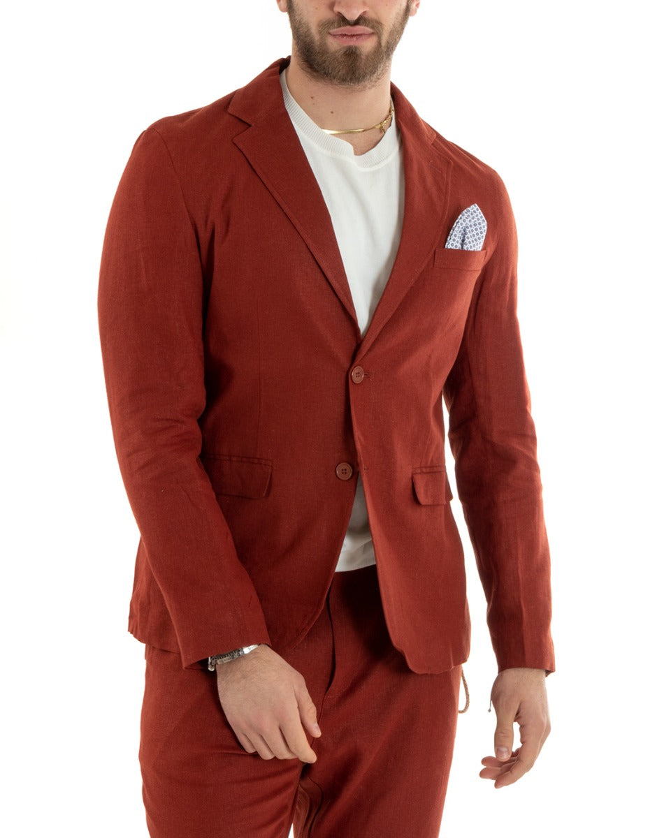 Giacca Uomo Lino Monopetto Lino Tinta Unita Mattone Sartoriale Cerimonia Elegante Casual GIOSAL-G3059A