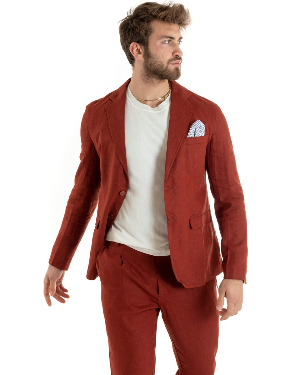 Giacca Uomo Lino Monopetto Lino Tinta Unita Mattone Sartoriale Cerimonia Elegante Casual GIOSAL-G3059A