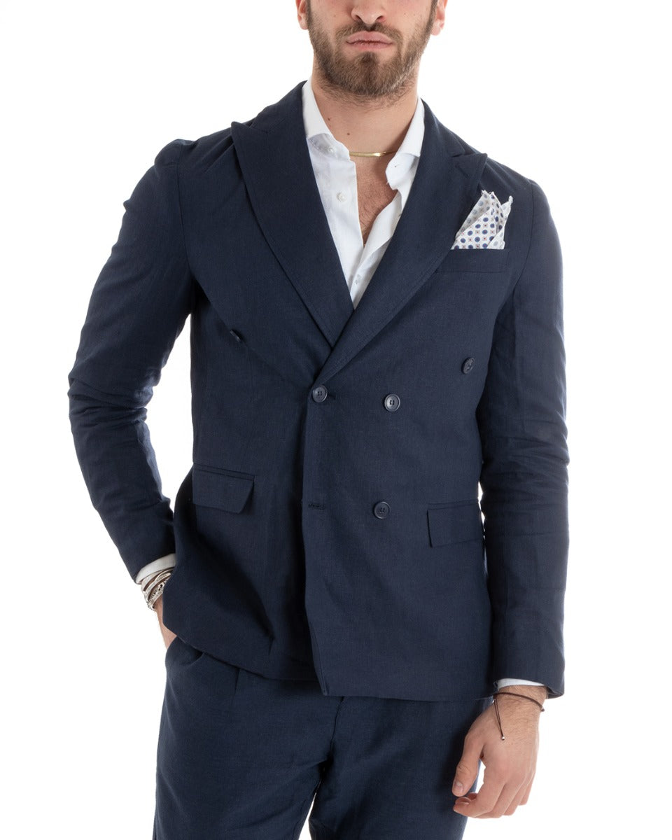 Giacca Uomo Doppiopetto Lino Tinta Unita Blu Sartoriale Cerimonia Elegante Casual GIOSAL-G3062A