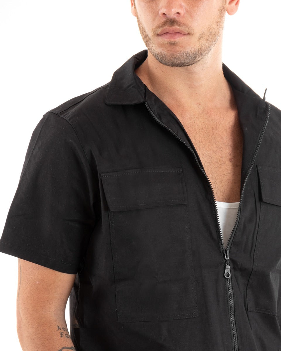 Camicia Uomo Cotone Colletto Maniche Corte Tinta Unita Cerniera Nero GIOSAL-CC1200A