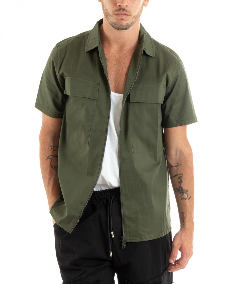 Camicia Uomo Cotone Colletto Maniche Corte Tinta Unita Cerniera Verde