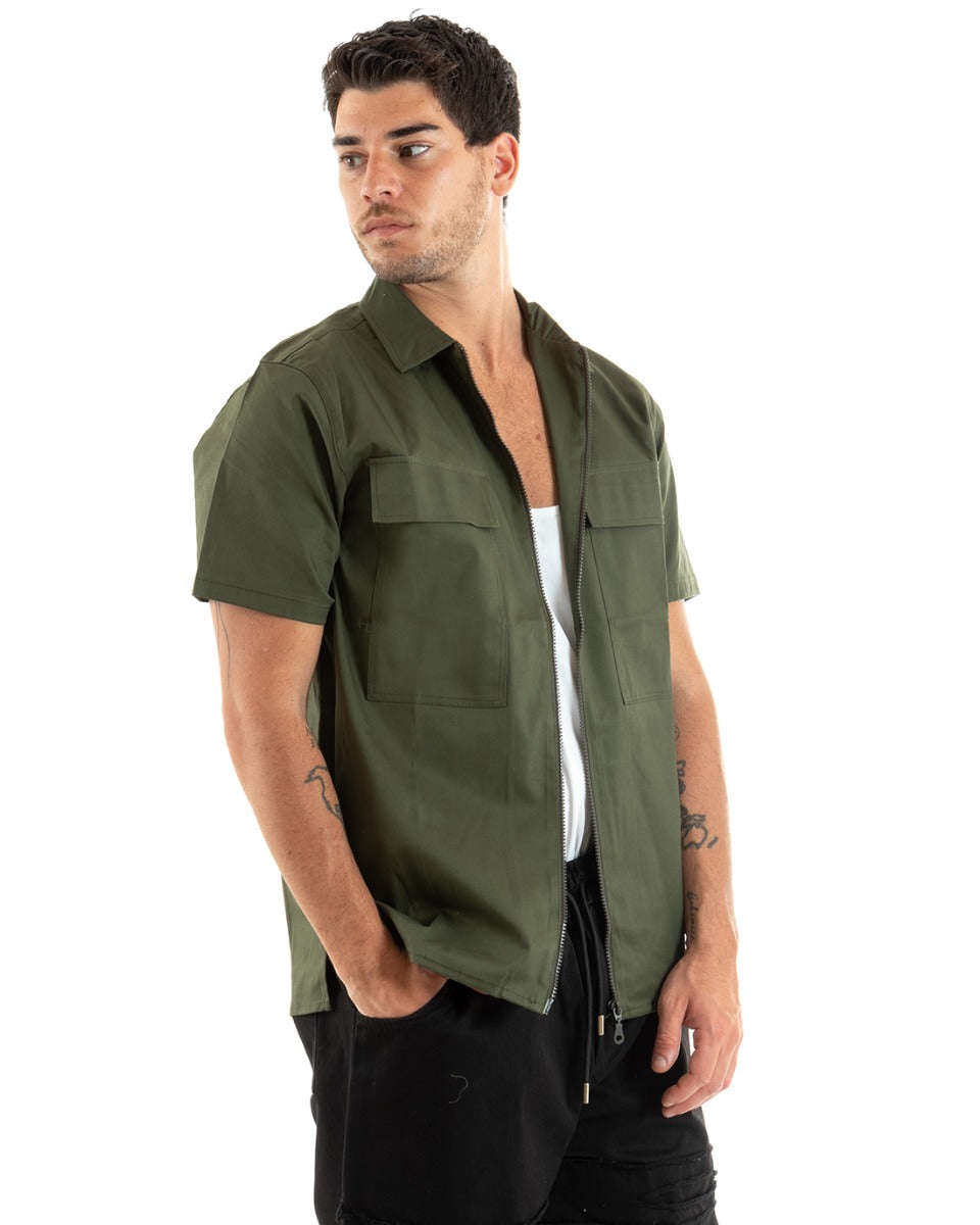 Camicia Uomo Cotone Colletto Maniche Corte Tinta Unita Cerniera Verde GIOSAL-CC1201A