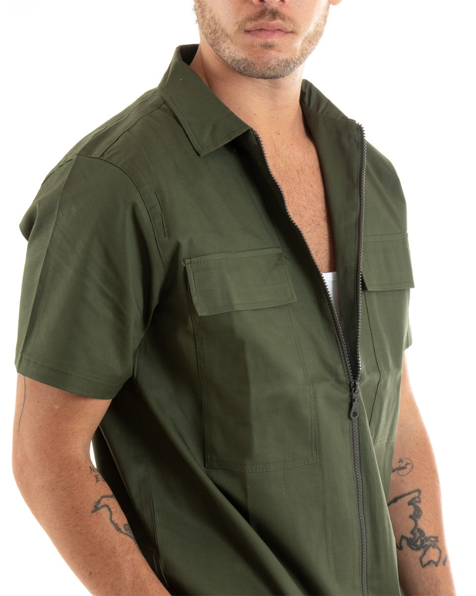 Camicia Uomo Cotone Colletto Maniche Corte Tinta Unita Cerniera Verde GIOSAL-CC1201A