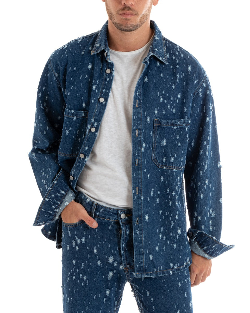 Giubbotto Uomo Giacca Jeans Con Colletto Camicione Rotture Oversize Denim GIOSAL-G3074A