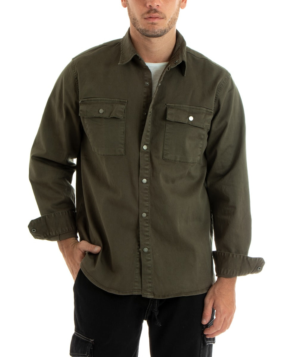 Giubbotto Uomo Giacca Jeans Con Colletto Camicione Denim Verde Militare GIOSAL-G3078A