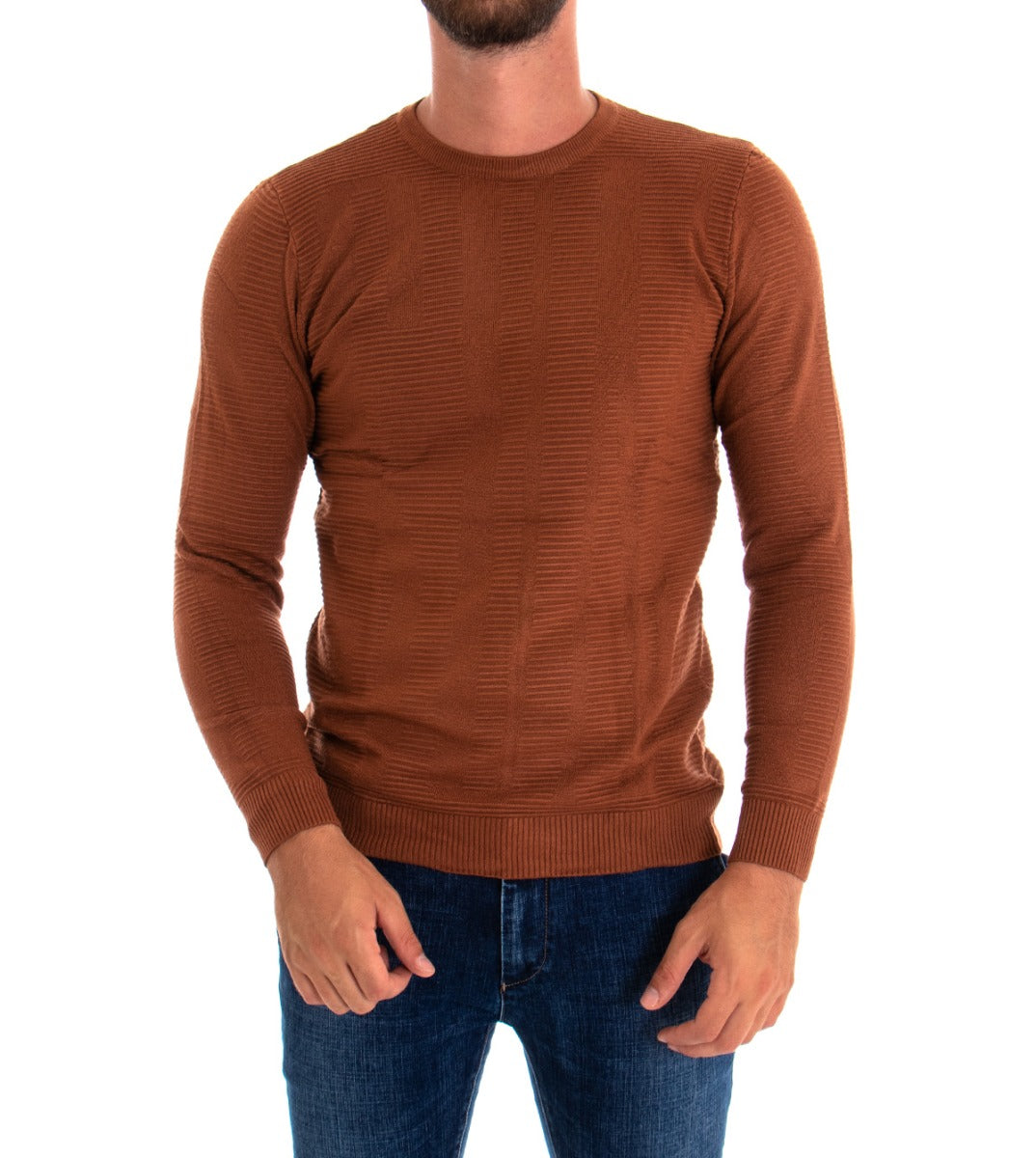 Maglioncino Uomo Maglia Girocollo Rigato Tabacco Basic GIOSAL-M2001A