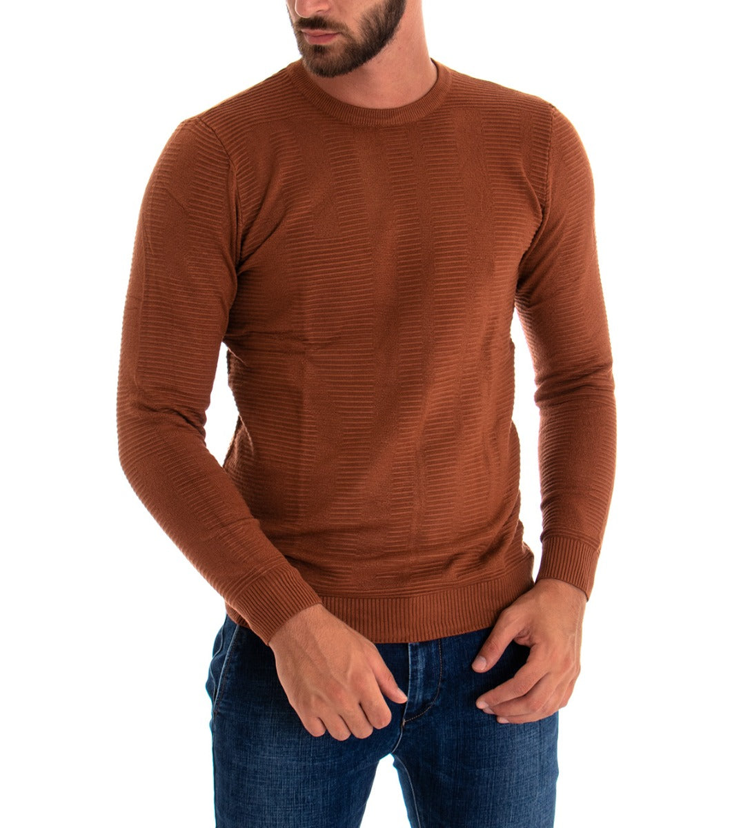 Maglioncino Uomo Maglia Girocollo Rigato Tabacco Basic GIOSAL-M2001A