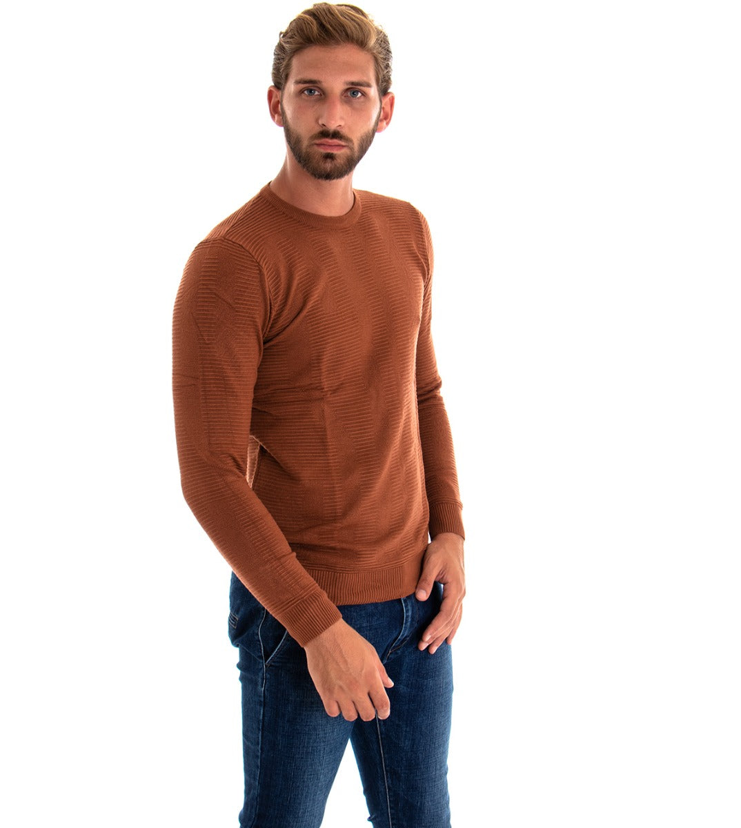 Maglioncino Uomo Maglia Girocollo Rigato Tabacco Basic GIOSAL-M2001A