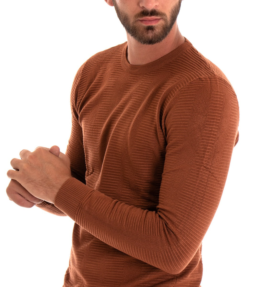 Maglioncino Uomo Maglia Girocollo Rigato Tabacco Basic GIOSAL-M2001A